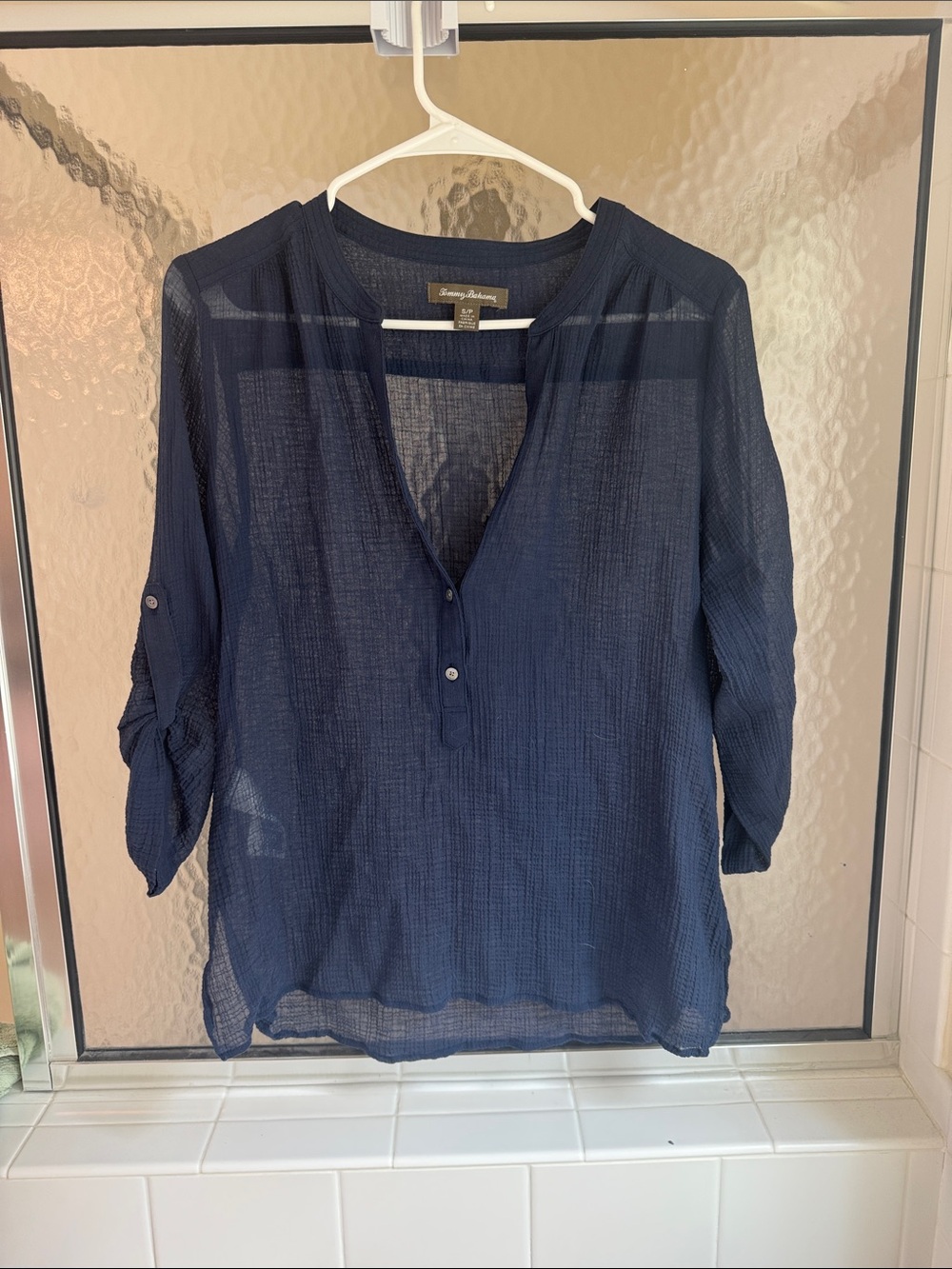 Tommy Bahama Navy Gauze Popover Top with Roll-Tab Sleeves